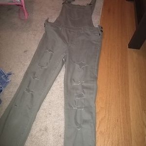 Distressed olive green overalls
